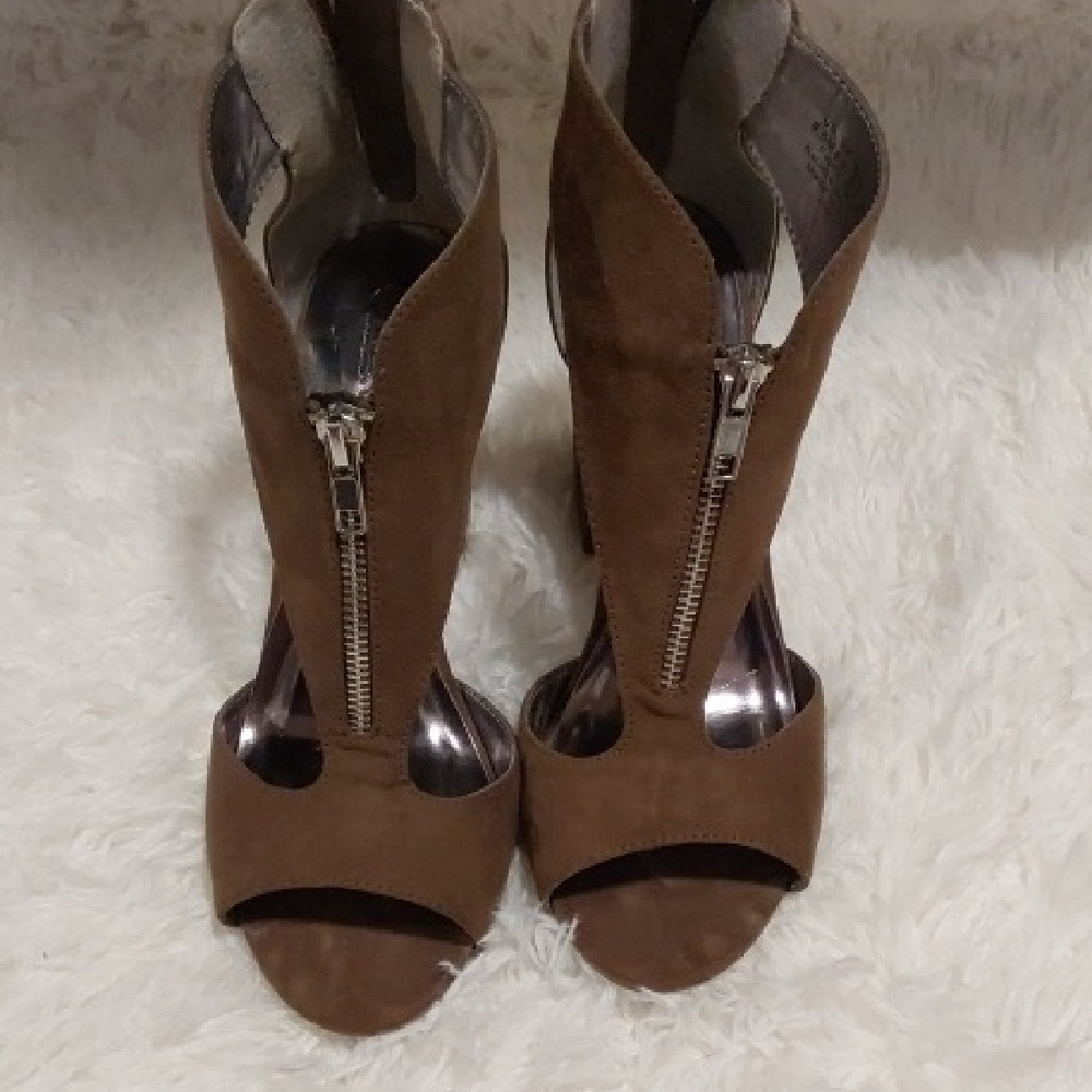 Suede Open-Toe Zipper Heels